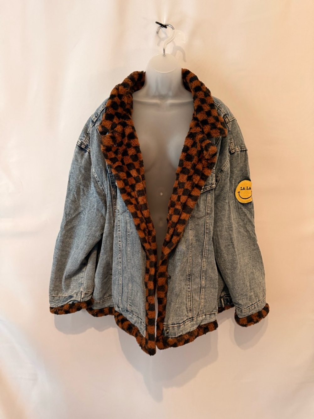 Denim Jacket with Checked Faux Fur Trim - Picture 2 of 5
